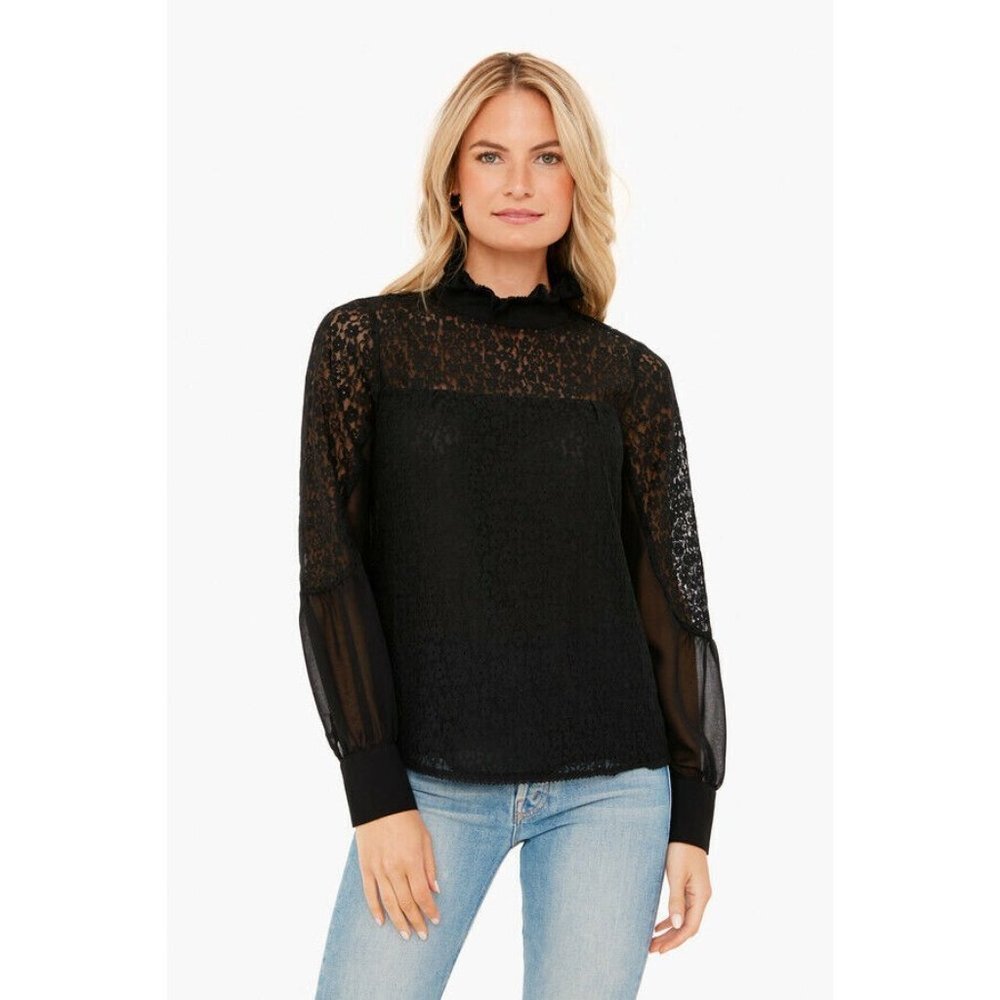 Tuckernuck Women's Black Rosalee Lace Top Blouse Sheer Sleeve Ruffle Collar XS